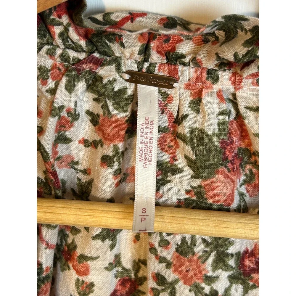 Free People Meant To Be Floral Roses Cotton Poet Blouse Statement Sleeves‎ Small
